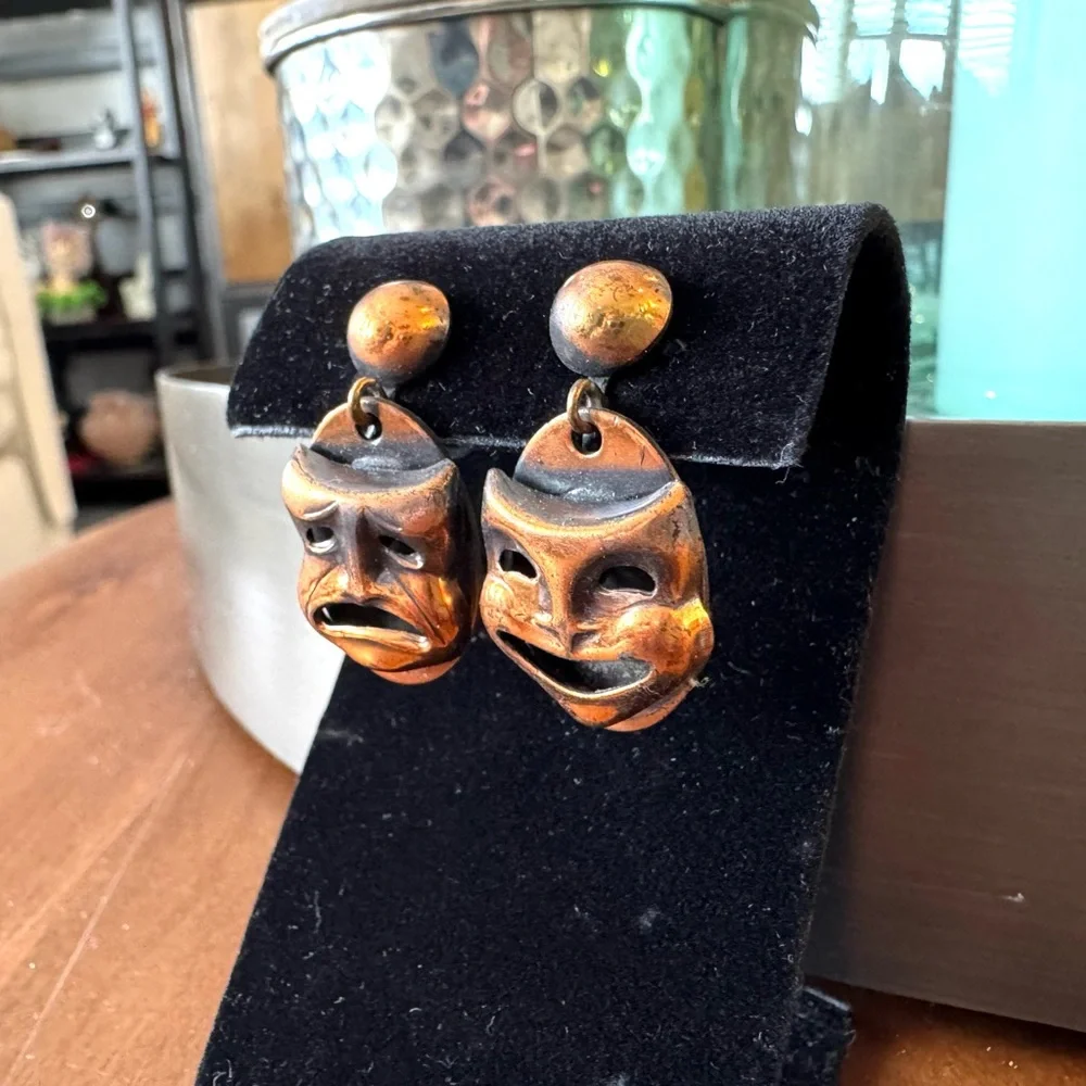 Vintage Copper Comedy and Tragedy Mask Earrings